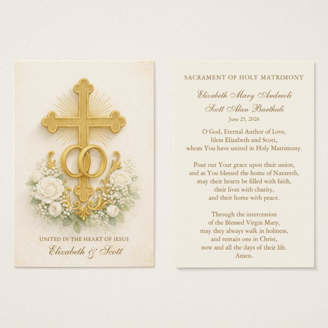 Catholic Wedding Prayer Card  Gold Cross (Vorne & Hinten)