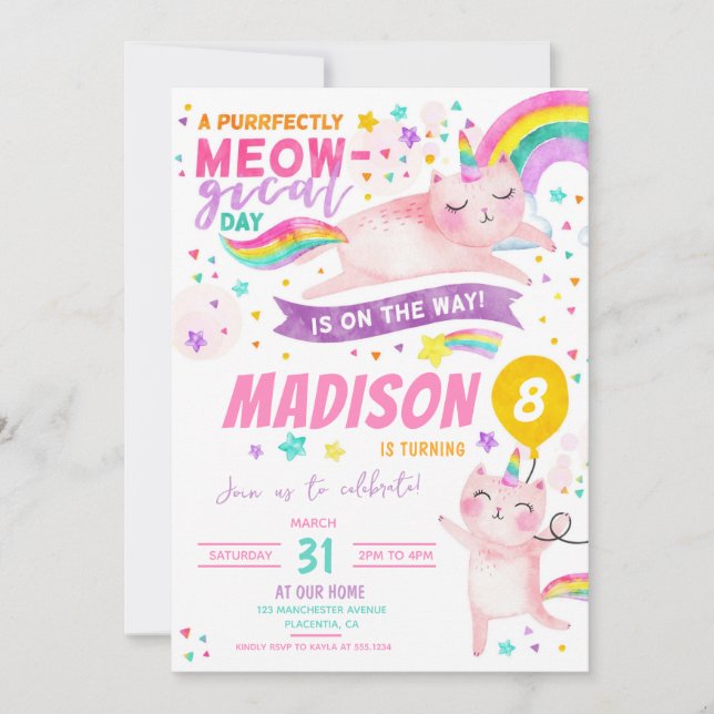 Caticorn Birthday Party Cat unicorn Regenbogen Einladung (Vorderseite)