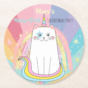 Caticorn Cat Meow-Gical Birthday Kid Runder Pappuntersetzer