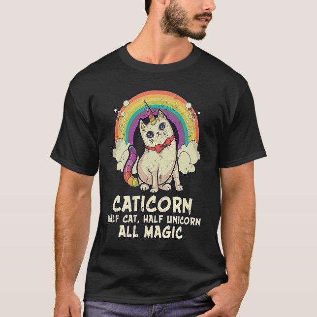 Caticorn Half Katze Halbmond Alle magischen Regenb T-Shirt (Vorderseite)