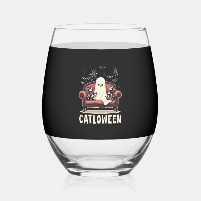 Catloween Ghost Halloween Weinglas Ohne Stiel (Vorderseite)
