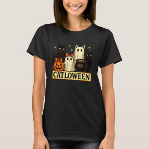 Catloween Lustige Schwarze Katzen Geist Kürbis Hal T-Shirt