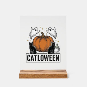 Catloween Schwarze Katze Geist Halloween Vektor De Acrylschild