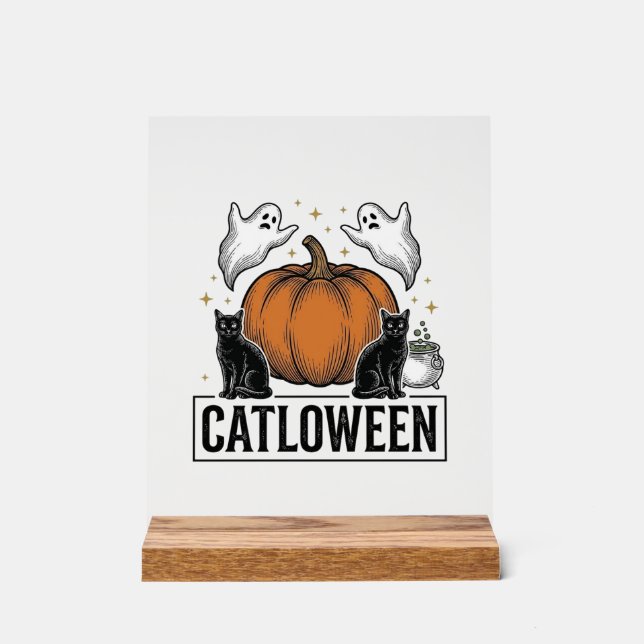 Catloween Schwarze Katze Geist Halloween Vektor De Acrylschild (Vorderseite)