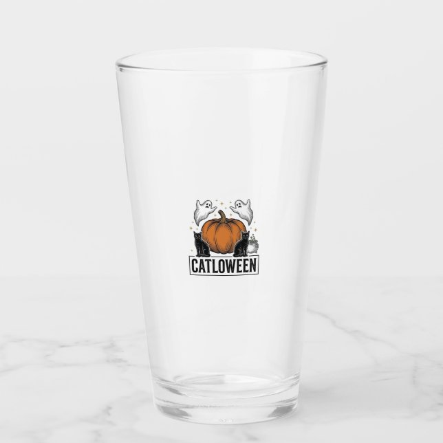 Catloween schwarze Katze Geist Halloween Vektor De Glas (Vorderseite)