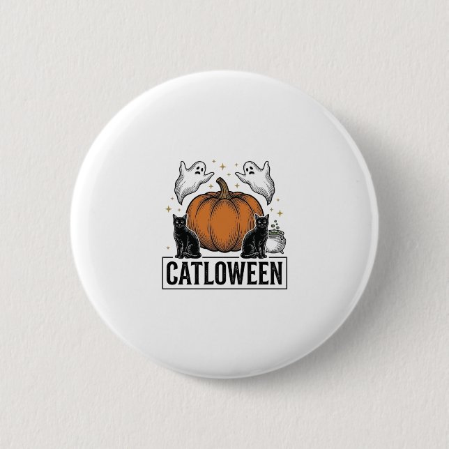 Catloween schwarze Katze Geist Halloween Vektordes Button (Vorderseite)