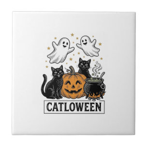 Catloween Vintage-Geist-Katze Halloween-Shirt-Desi Fliese
