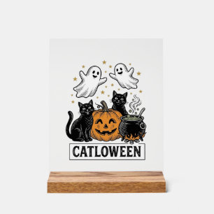 Catloween Vintage-Geisterkatze Halloween-Shirt-Des Acrylschild