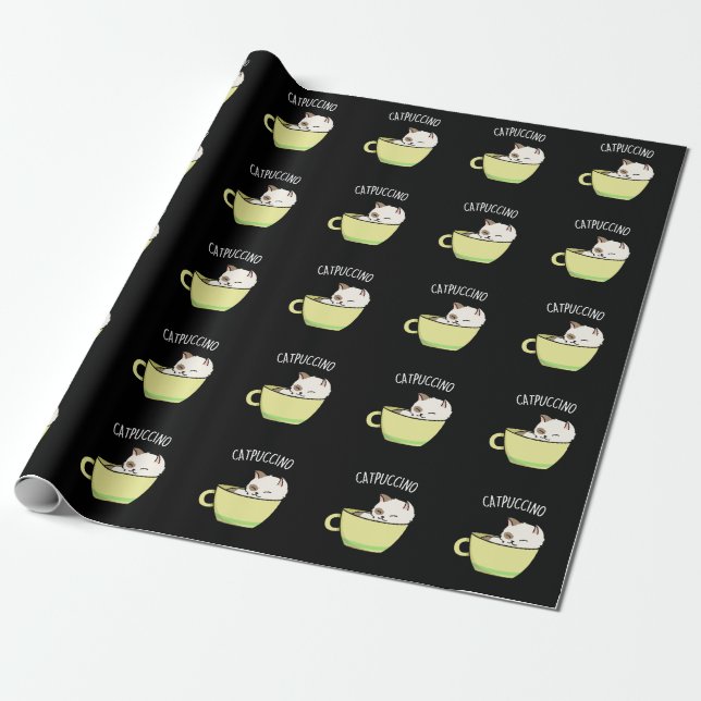Catpuccino Funny Kitty Cat In Cup Pub Dark BG Geschenkpapier (Ungerollt)