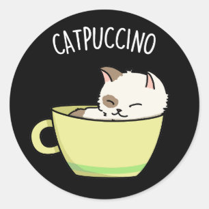 Catpuccino Lustige Katze In Tasse Wortspiel Dunkle Runder Aufkleber