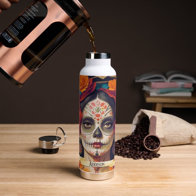 Catrina Day of the Dead 1 with text Trinkflasche (Kaffee)