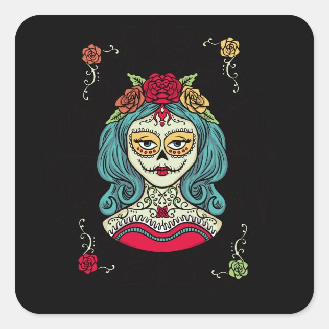 Catrina Día de Muertos Web Quadratischer Aufkleber (Vorderseite)