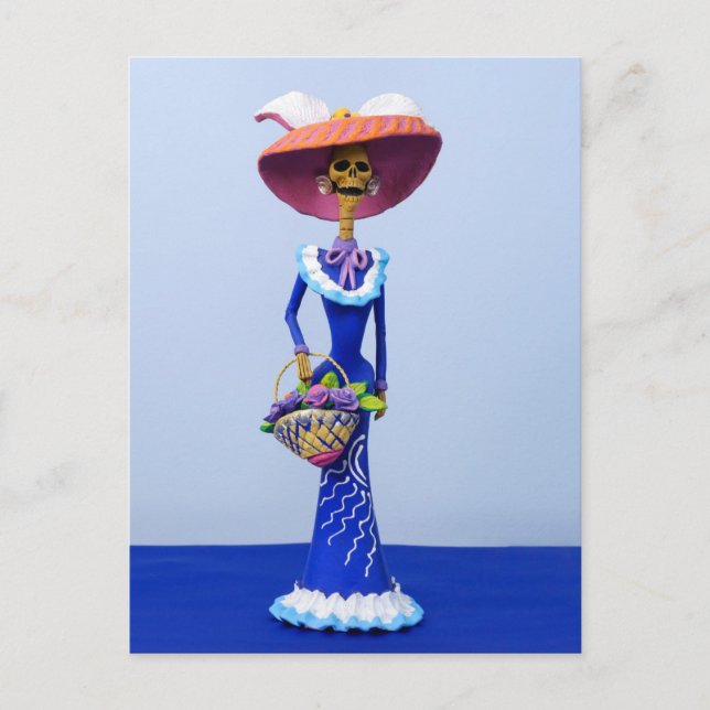 Catrina in einem blauen Kleid und Pink Hat Postkar Postkarte (Vorderseite)