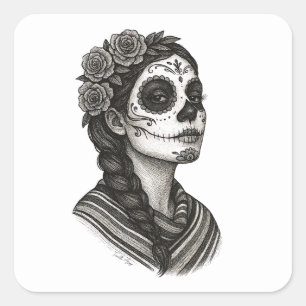 Catrina Mexicana Sarape Y Rosas Dia de Muertos Quadratischer Aufkleber