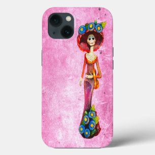 Catrina mit rotem Kleid und blauen Blumen auf rosa iPhone 13 Hülle