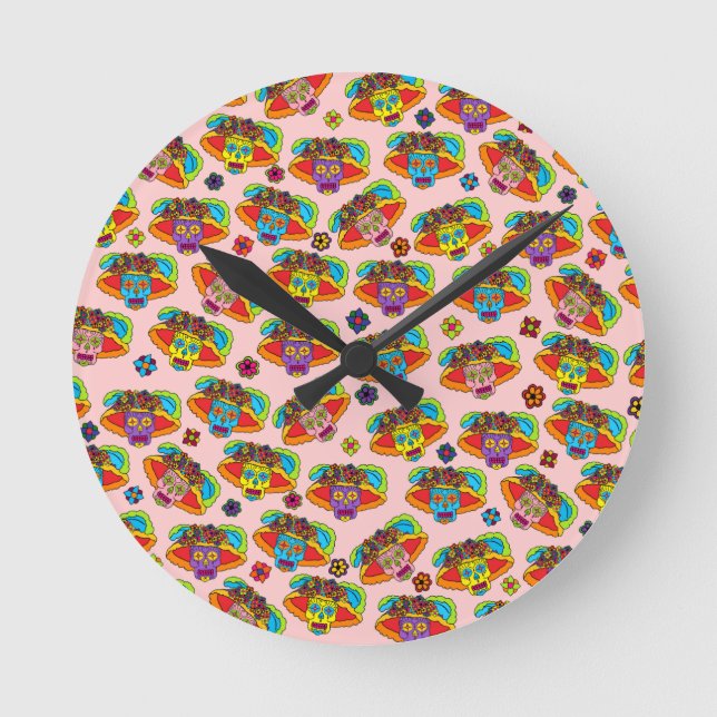 Catrina Sugar Skull Runde Wanduhr (Vorderseite)