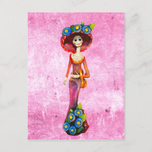 Catrina W/Red Dress & Blumen auf rosa gewaschen Postkarte