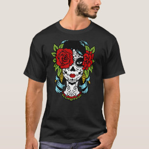 Catrina Zucker-Schädel Calavera Mexikanische Rose  T-Shirt