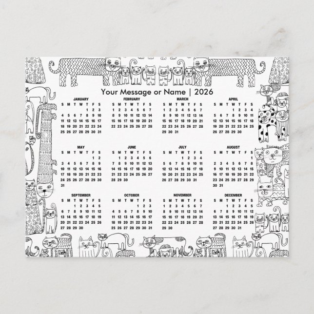 Cats 2026 Calendar Personalized Message or Name Postkarte (Vorderseite)