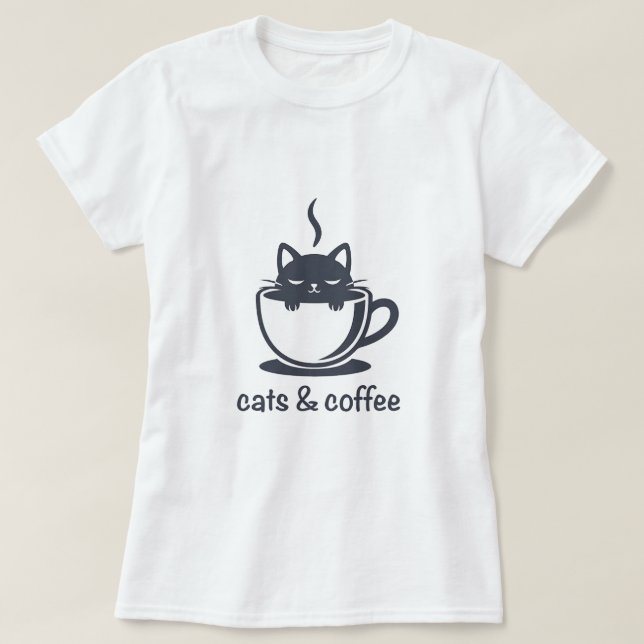 Cats and Coffee Noir Feline Coffee Cup T-Shirt (Design vorne)