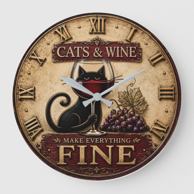 Cats and Wine Make Everything Fine Rustic Farm Große Wanduhr (Vorderseite)