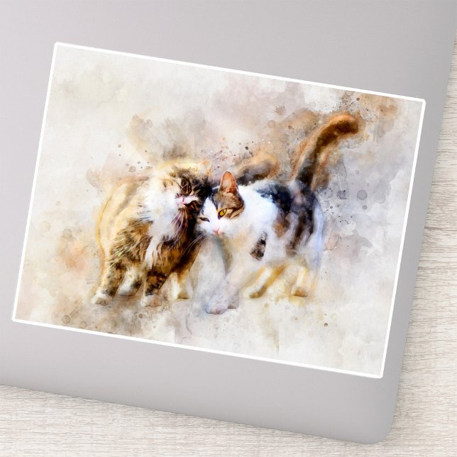 Cats Best Friends Forever Aquarell Aufkleber (Watercolor Cats Nuzzling in Soft Abstract Art. Sticker)