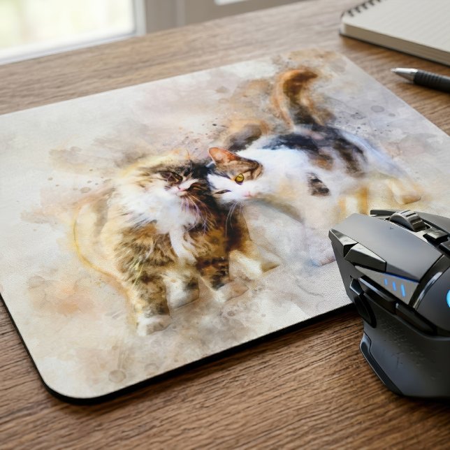 Cats Best Friends Forever Aquarell Mousepad (Watercolor Cats Nuzzling in Soft Abstract Art. Mouse Pad )