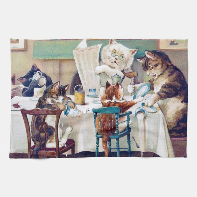 Cat's Breakfast Time, Louis Wain Geschirrtuch (Horizontal)
