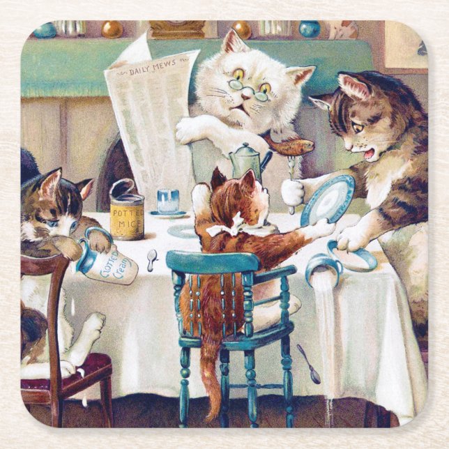 Cat's Breakfast Time, Louis Wain Rechteckiger Pappuntersetzer (Vorderseite)