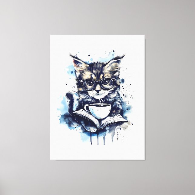 Cats Bücher Kaffee Watercolor Boho Abstrakt Leinwanddruck (Vorderseite)