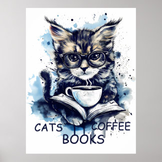 Cats Bücher Kaffee Watercolor Boho Abstrakt Poster