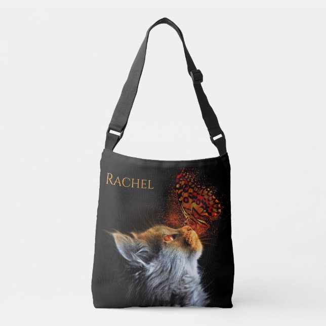 Cat's Butterfly Kisses Personalisiert Name Tragetaschen Mit Langen Trägern (Vorderseite)