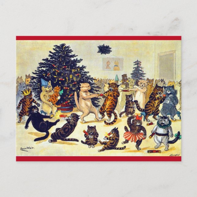 Cat's Christmas Party, Louis Wain Feiertagspostkarte (Vorderseite)