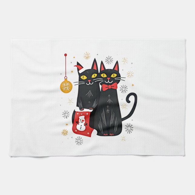 Cats Christmas Retro 50s 60s Xmas (2) Geschirrtuch (Horizontal)