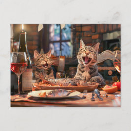 Cats dining on fish with wine indoors feiertagspostkarte