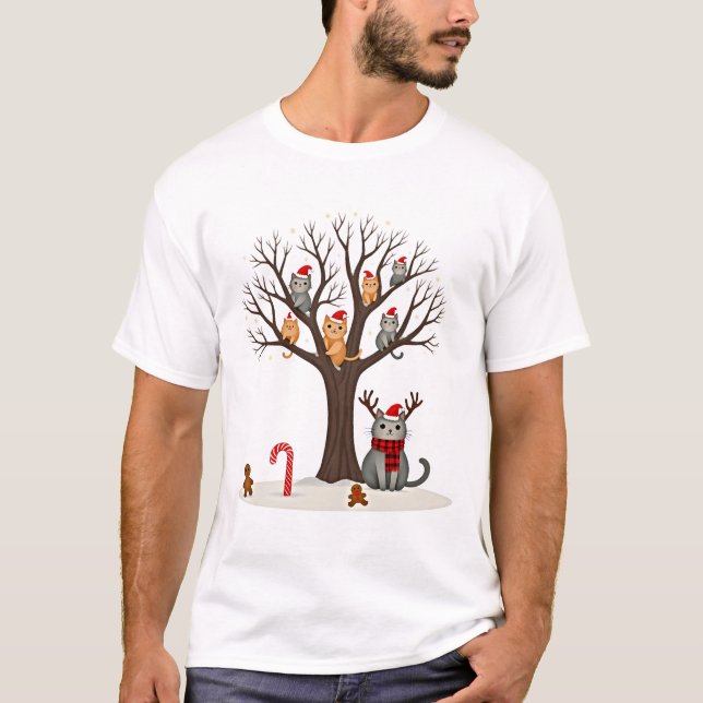 Cats In Snow Tree Winter Christmas Santa Hat X-mas T-Shirt (Vorderseite)
