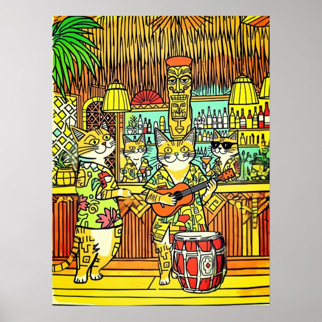 Cats on an Island Vacation in a Tiki Bar Poster (Vorne)