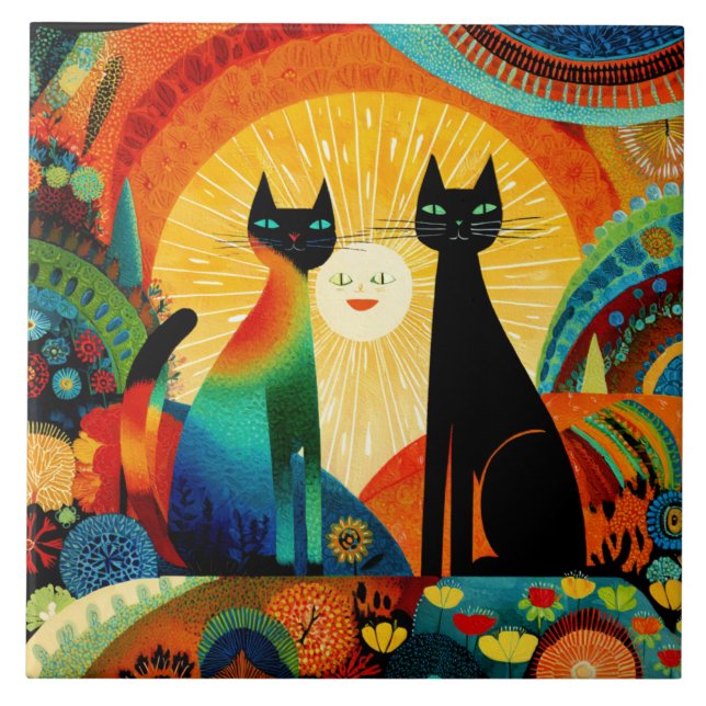 Cats on Bright and Colorful Background, Fliese (Vorderseite)