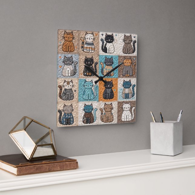 Cats Patchwork Quilt Muster Quadratische Wanduhr (Büro)