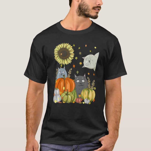 Cats & Pumpkin Sunflower Fall Cat  Thanksgiving T-Shirt (Vorderseite)