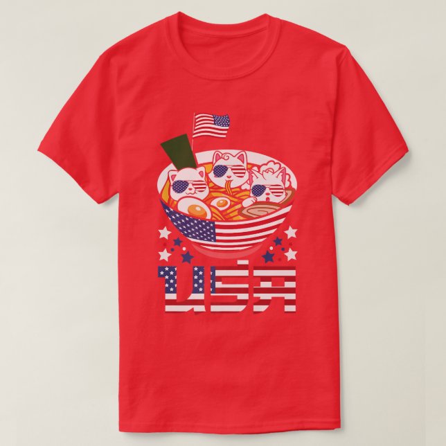 Cats Ramen Anime American Flag USA 4th of July shi T-Shirt (Design vorne)
