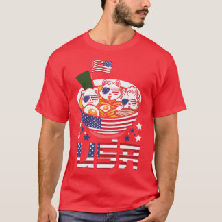Cats Ramen Anime American Flag USA 4th of July shi T-Shirt