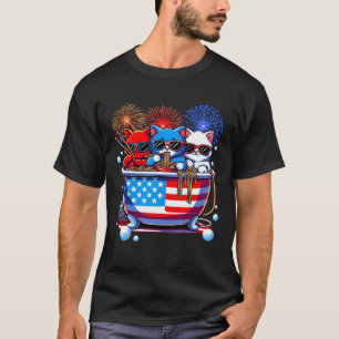 Cats Ramen in Bathtub Anime American Flag USA 4. T-Shirt