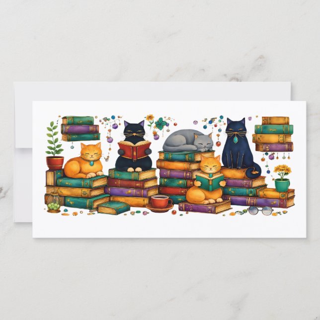 Cats Reading Books Cozy Library Scene Dankeskarte (Vorderseite)