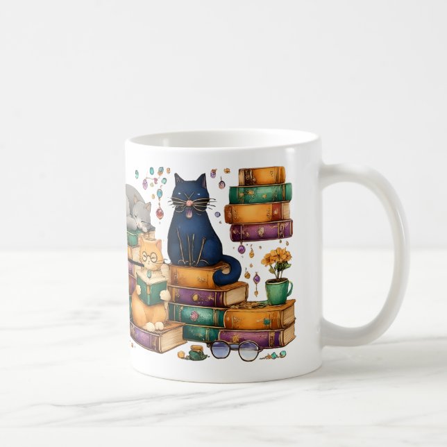 Cats Reading Books Cozy Library Scene Kaffeetasse (Rechts)