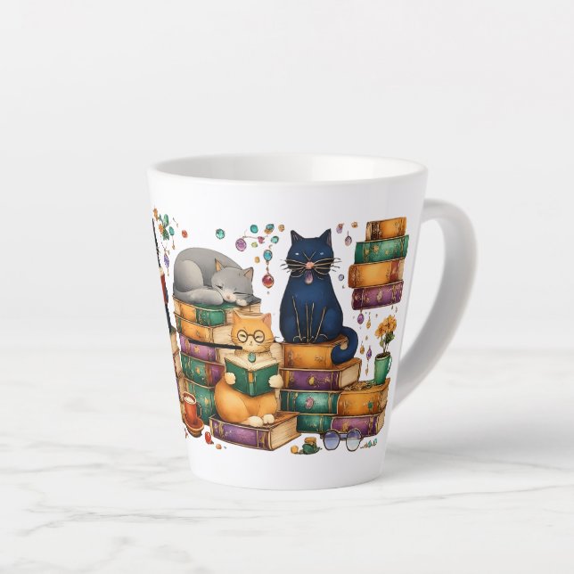 Cats Reading Books Cozy Library Scene Milchtasse (Rechte Ecke)