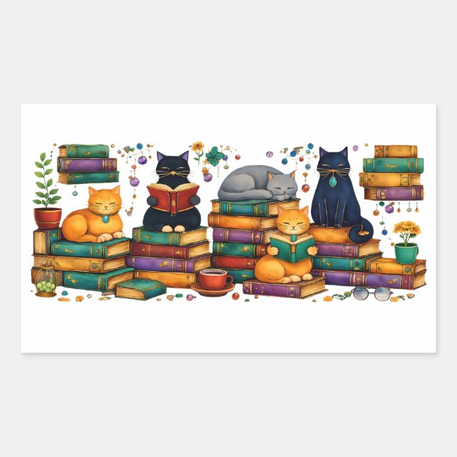 Cats Reading Books Cozy Library Scene Rechteckiger Aufkleber (Vorderseite)