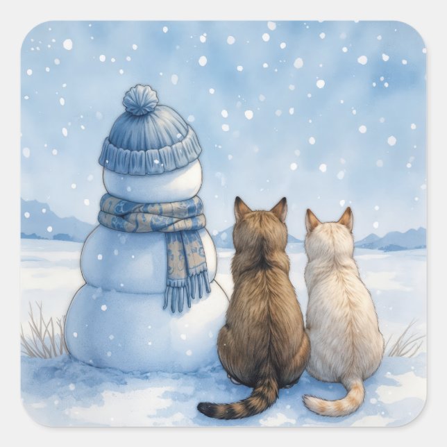 Cats Sitting With a Snowman In a Field Quadratischer Aufkleber (Vorderseite)