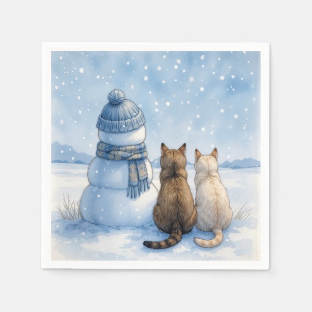 Cats Sitting With a Snowman In a Field Serviette (Vorderseite)