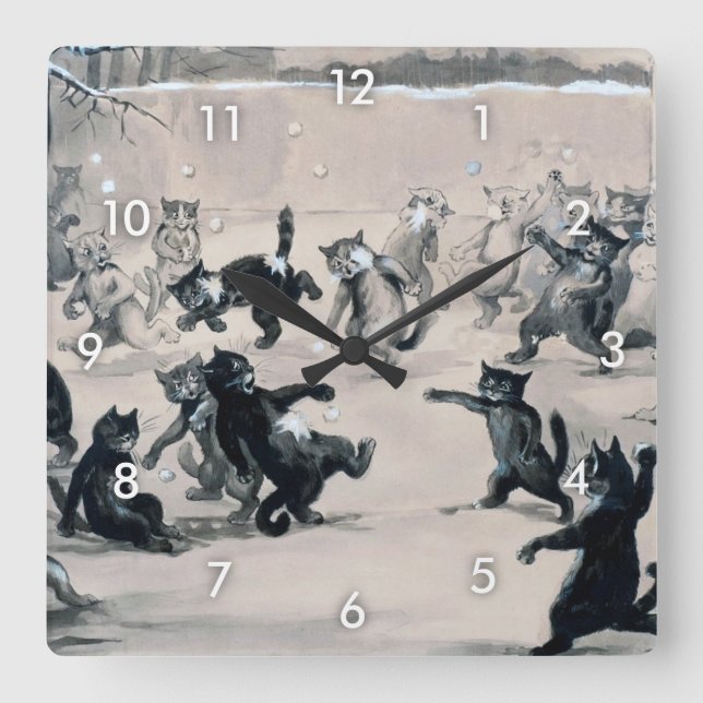 Cats Snowball Fight, Louis Wain Quadratische Wanduhr (Vorderseite)
